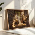 Framed image of a warm wood library nook with bookshelves and sunlight