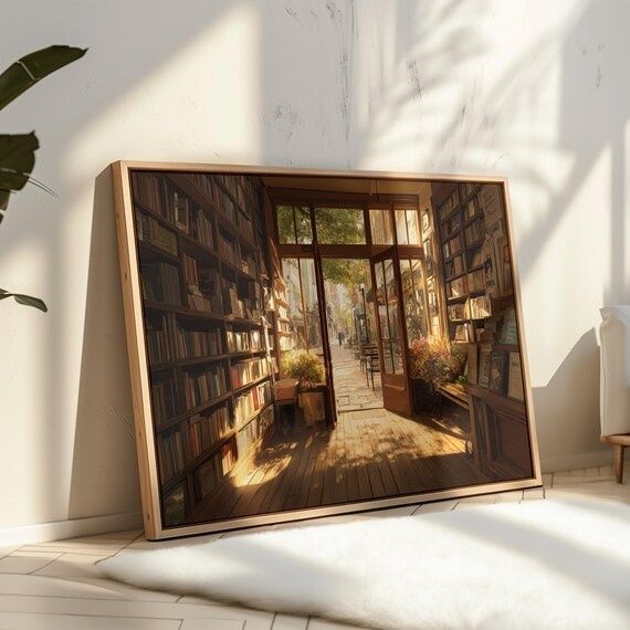 Framed image of a warm wood library nook with bookshelves and sunlight