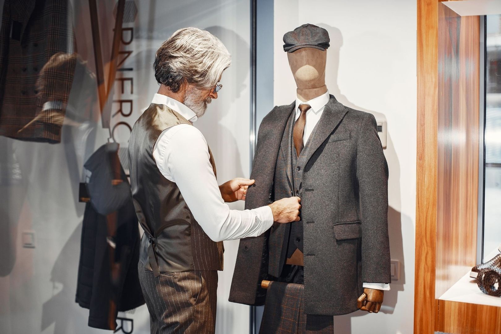 Tailor adjusting a gray flannel suit on a mannequin in a shop